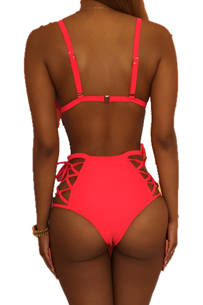 Euramerican V Neck Spaghetti Strap Lace-up Hollow-out Red Nylon Two-piece Swimwear