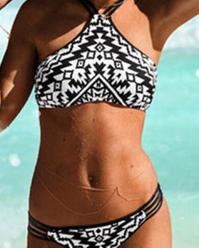 Sexy Halter Neck Digital Printing Black Two-piece Swimwear