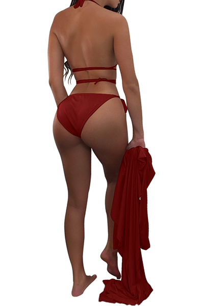 Sexy Lace-up Hollow-out Wine Red Polyester Two-piece Swimwear(With Shawl)