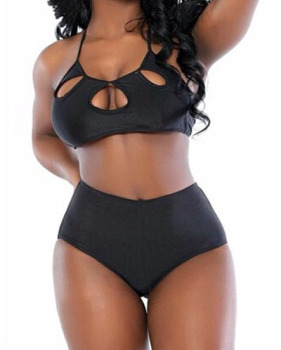 Sexy O Neck Hollow-out Black Two-piece Swimwear