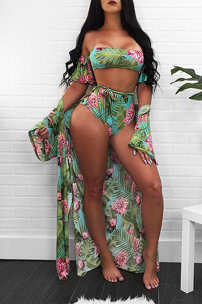 Sexy Printed Cyan Polyester Two-piece Swimwear(Contain Shawl)