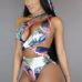 Sexy Printed Hollow-out White Milk Fiber Two-piece Swimwear(With Scarf)