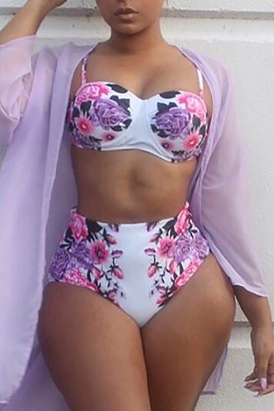 Sexy Printed White Polyester Two-piece Swimwear (Without  Shawl)