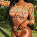 Sexy Round Neck Long Sleeves Patchwork Yellow Polyester Two-piece Swimwear