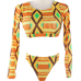 Sexy Round Neck Long Sleeves Patchwork Yellow Polyester Two-piece Swimwear