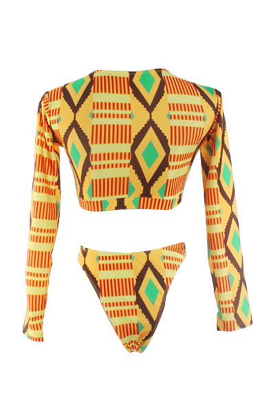 Sexy Round Neck Long Sleeves Patchwork Yellow Polyester Two-piece Swimwear