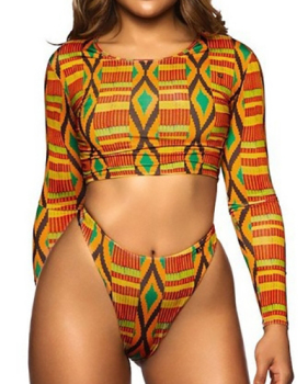 Sexy Round Neck Long Sleeves Patchwork Yellow Polyester Two-piece Swimwear