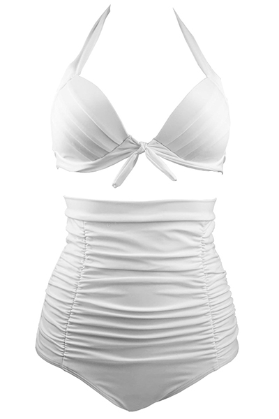 Sexy V Neck High Waist White Nylon Two-piece Swimwear