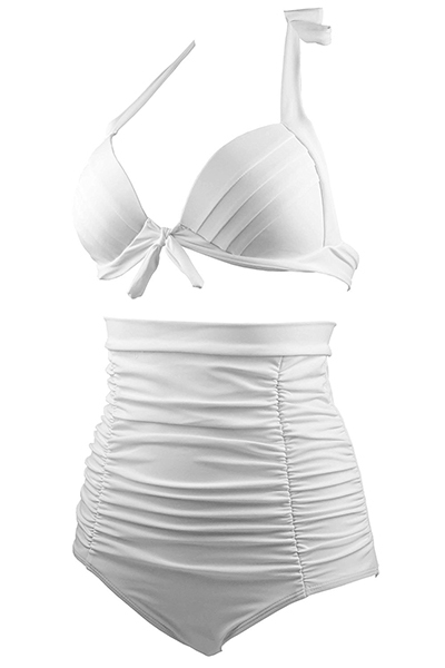 Sexy V Neck High Waist White Nylon Two-piece Swimwear