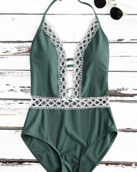  Sexy Lace Spliced Green Nylon One-piece Swimwear