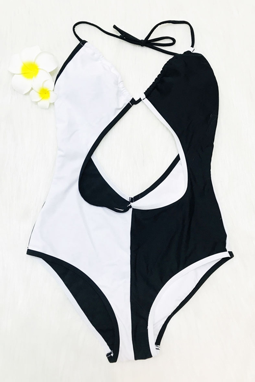  Sexy Patchwork Black Nylon One-piece Swimwear