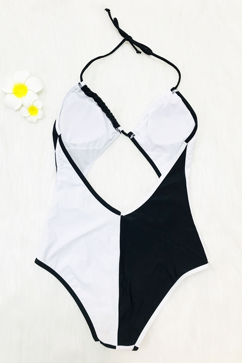  Sexy Patchwork Black Nylon One-piece Swimwear