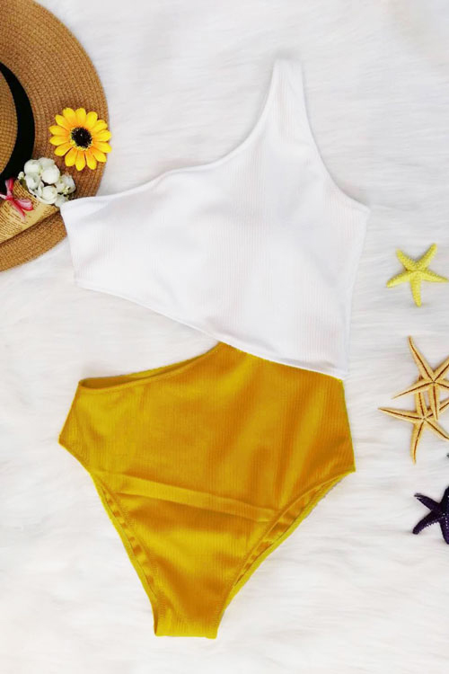  Sexy Show A Shoulder Patchwork Yellow Nylon One-piece Swimwear