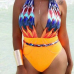 Euramerican Deep V Neck Printed Patchwork One-piece Swimwear