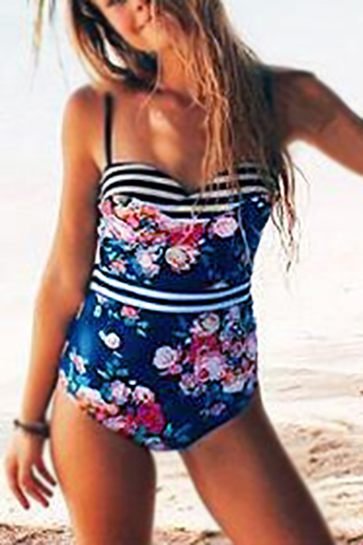 Euramerican Spaghetti Strap Sleeveless Floral Print Polyester One-piece Swimwear