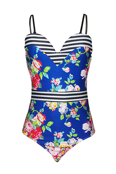 Euramerican Spaghetti Strap Sleeveless Floral Print Polyester One-piece Swimwear