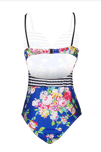 Euramerican Spaghetti Strap Sleeveless Floral Print Polyester One-piece Swimwear