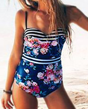 Euramerican Spaghetti Strap Sleeveless Floral Print Polyester One-piece Swimwear