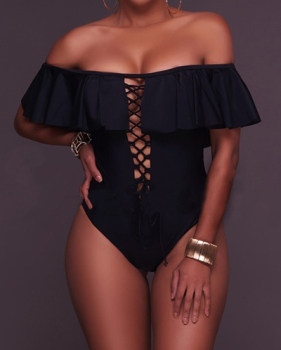 Sexy Bateau Neck Short Sleeves Falbala Design Black Polyester One-piece Swimwear