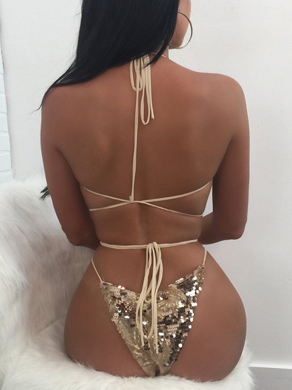 Sexy Deep V Neck Backless Khaki Polyester One-piece Swimwear