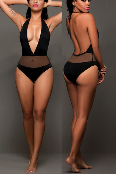 Sexy Deep V Neck Yarn Splicing Black Nylon One-piece Swimwear