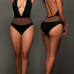 Sexy Deep V Neck Yarn Splicing Black Nylon One-piece Swimwear