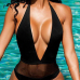 Sexy Deep V Neck Yarn Splicing Black Nylon One-piece Swimwear