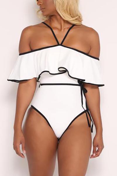 Sexy Dew Shoulder Falbala Design White Polyester One-piece Swimwear