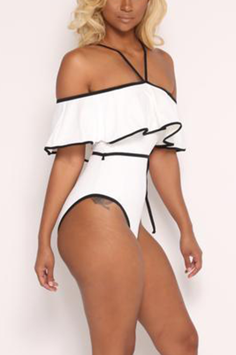 Sexy Dew Shoulder Falbala Design White Polyester One-piece Swimwear