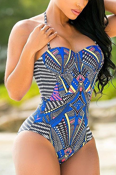 Sexy Halter Neck Printed Ployester One-piece Swimwear