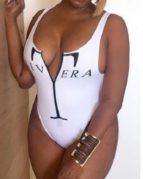 Sexy Letters Printed White Milk Wire One-piece Swimwear