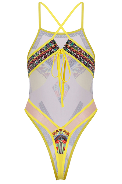 Sexy Printed See-Through Yellow Polyester One-piece Swimwear(Without Choker)