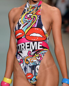 Sexy Round Neck Big Red Lips Printed Polyester One-piece Swimwear