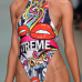 Sexy Round Neck Big Red Lips Printed Polyester One-piece Swimwear