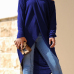  Leisure Dew Shoulder Long Sleeves Asymmetrical Navy Blue Cotton Shirts