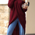  Leisure Dew Shoulder Long Sleeves Asymmetrical Wine Red Cotton Shirts