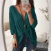  Leisure V Neck Cross Fold Design Dark Green Polyester Shirts