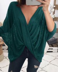  Leisure V Neck Cross Fold Design Dark Green Polyester Shirts