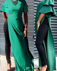  Sexy Round Neck Lotus Leaf Sleeves Kick Pleat Green Blending Blouses