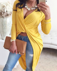  Sexy V Neck Asymmetrical Yellow Blending Shirts