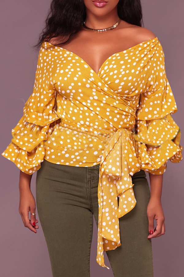  Sexy V Neck Polka Dot Design Yellow Cotton Shirts