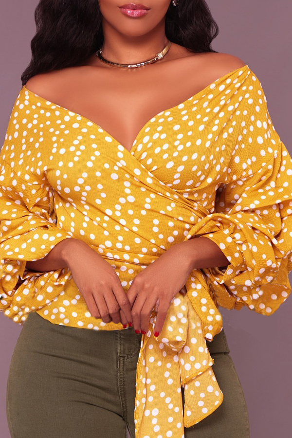  Sexy V Neck Polka Dot Design Yellow Cotton Shirts