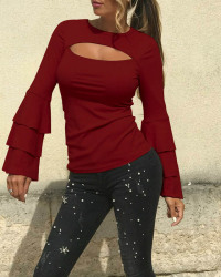  Stylish Round Neck Long Sleeves Hollow-out Wine Red Polyester Shirts