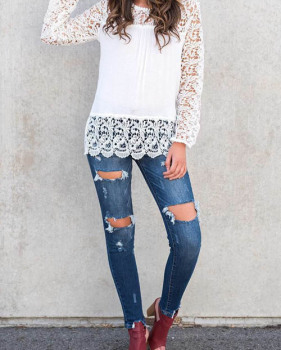  Stylish Round Neck Long Sleeves Lace Trim Patchwork White Polyester Shirts