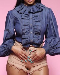  Stylish Turndown Collar Lantern Sleeves Ruffle Design Blue Denim Shirts