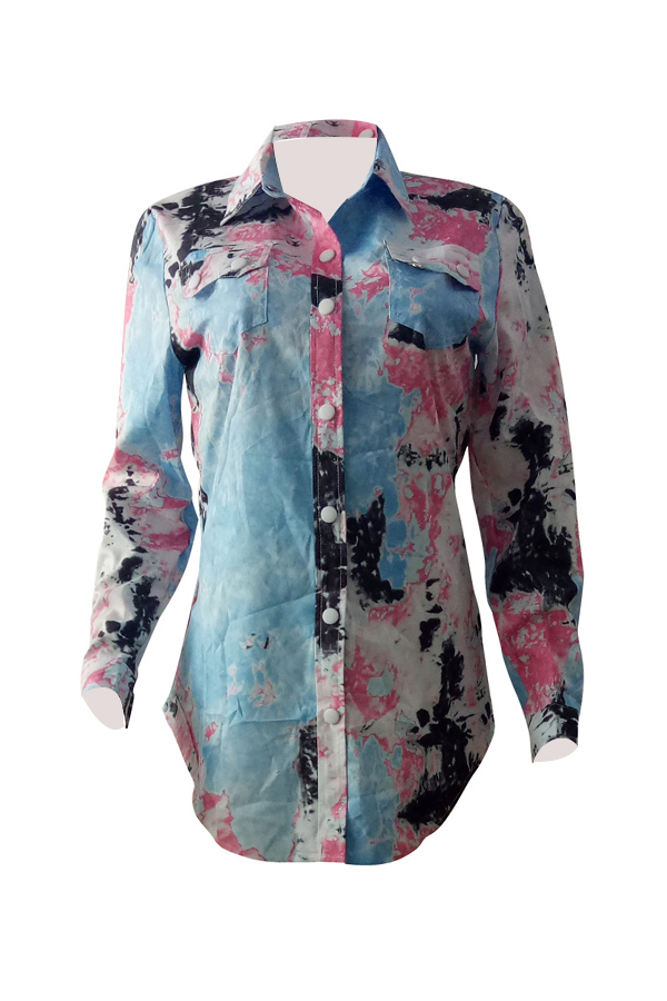  Stylish Turndown Collar Printed Blue Polyester Shirts