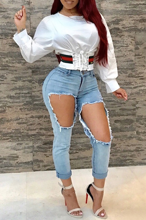  Trendy Round Neck Lace-up White Cotton Shirts