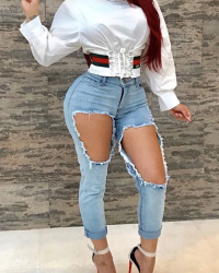  Trendy Round Neck Lace-up White Cotton Shirts