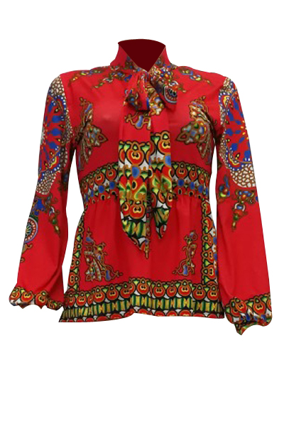 Ethnic Style Mandarin Collar Long Sleeves Totem Printed Red Milk Fiber Shirts