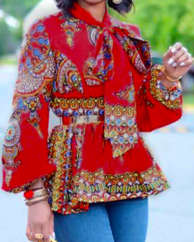 Ethnic Style Mandarin Collar Long Sleeves Totem Printed Red Milk Fiber Shirts